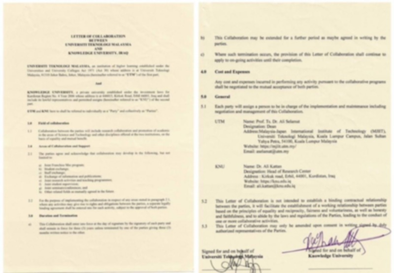 KNOWLEDGE UNIVERSITY signed a collaboration letter with UNIVERSITI TEKNOLOGI MALAYSIA KNOWLEDGE UNIVERSITY signed a collaboration letter with UNIVERSITI TEKNOLOGI MALAYSIA